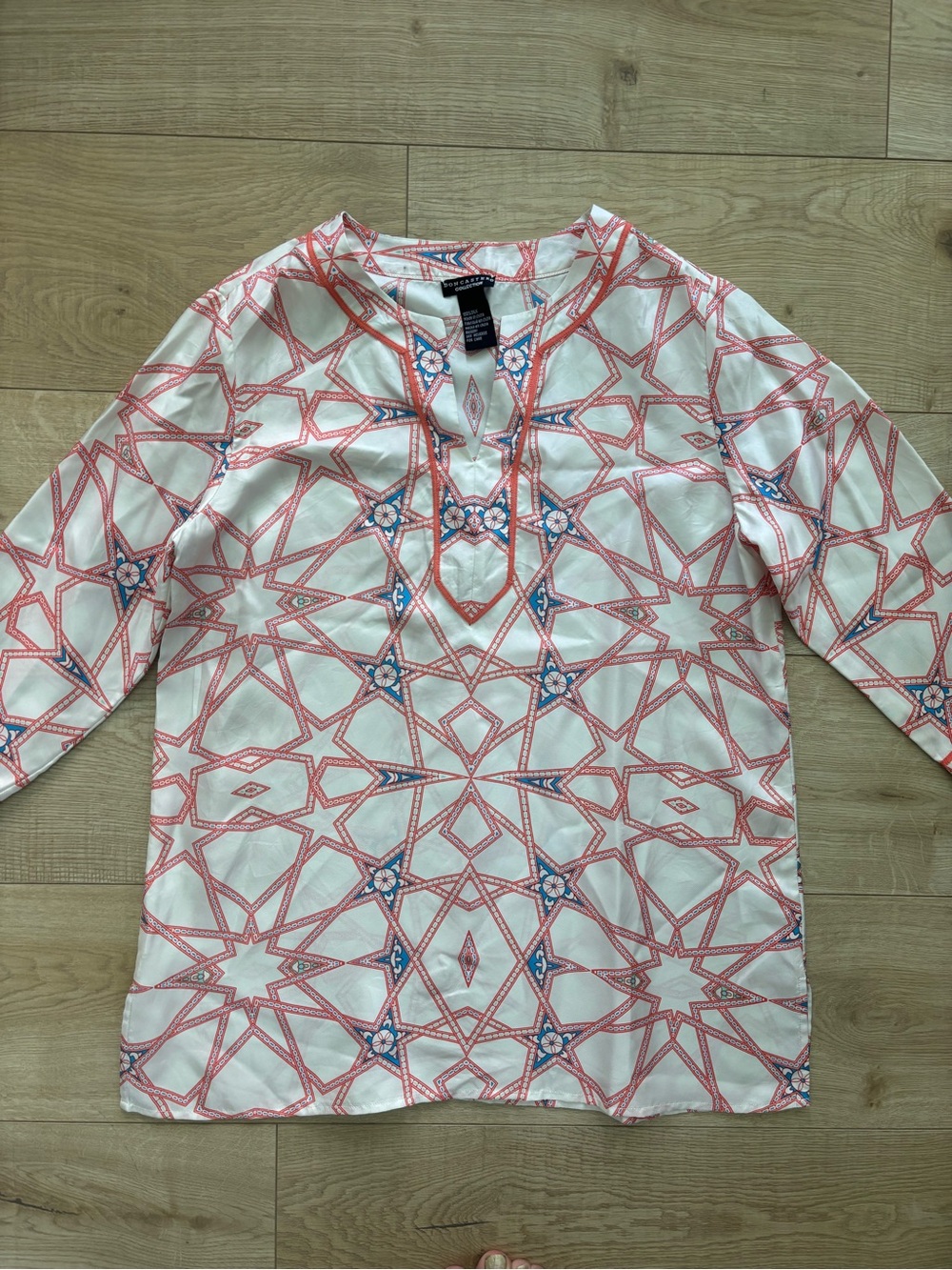 Doncaster White Silk Tunic with Coral and Blue Geometric Print